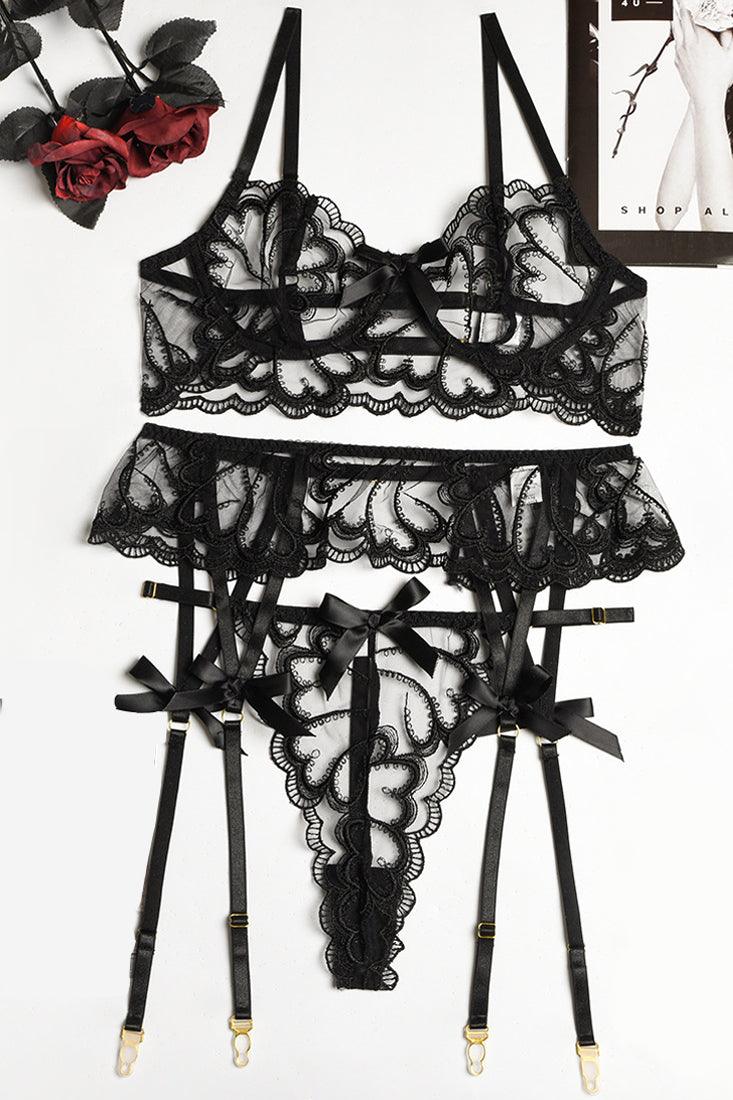 Sexy Black See Through Lace 3pc Lingerie Set - AMIClubwear