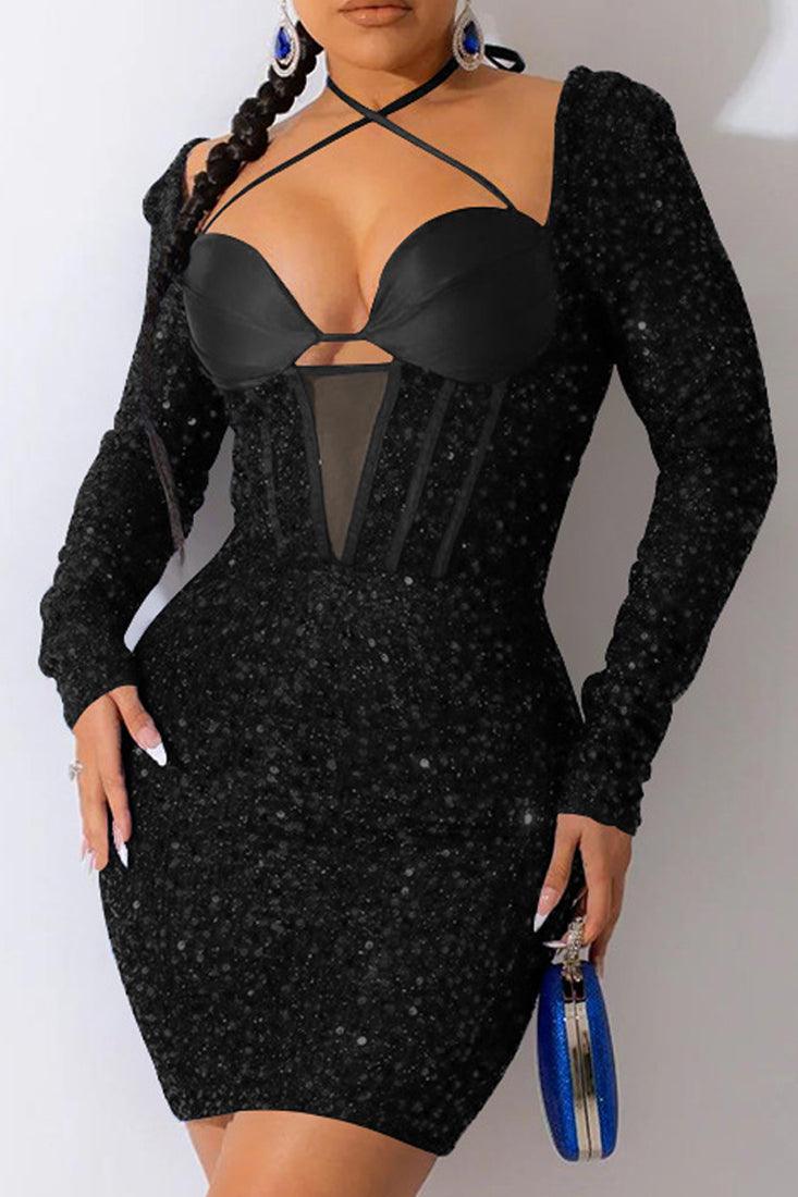 Sexy Black Sequin Mesh Long Sleeve Halter Party Dress - AMIClubwear