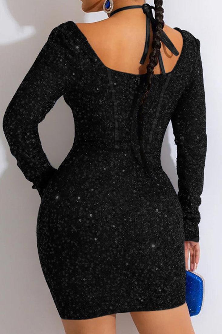 Sexy Black Sequin Mesh Long Sleeve Halter Party Dress - AMIClubwear