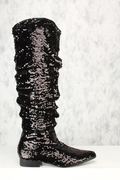 Sexy Black Sequin Ruched Detail Flared Pointy Toe Boots - AMIClubwear