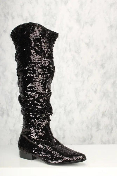 Sexy Black Sequin Ruched Detail Flared Pointy Toe Boots - AMIClubwear