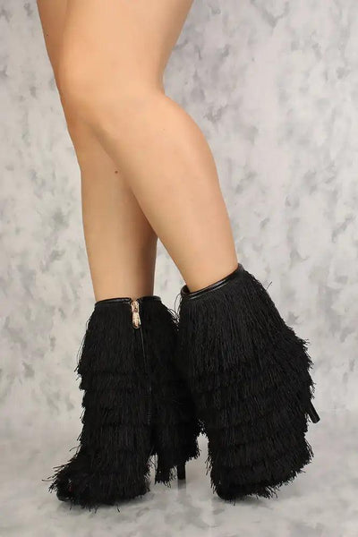 Sexy Black Shaggy Open Toe Mid Calf High Heels Booties - AMIClubwear