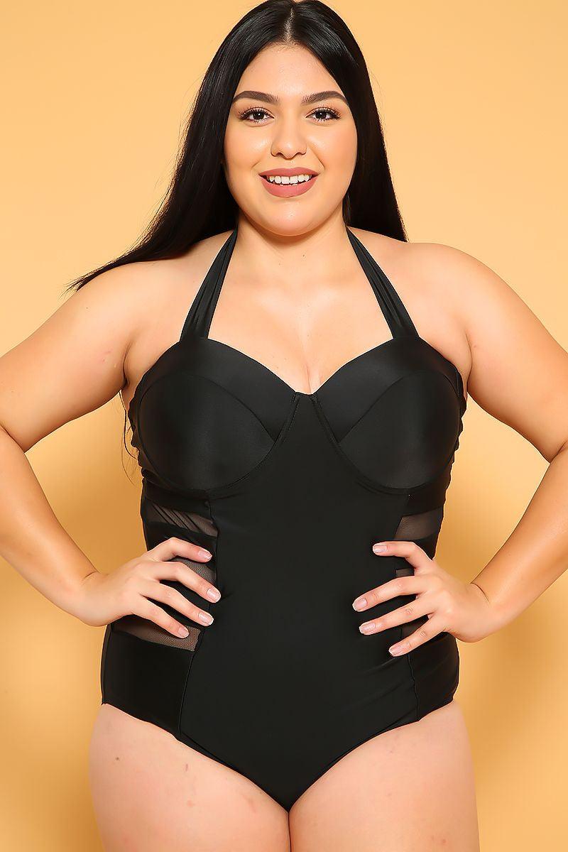Sexy Black Sheer Halter Padded Plus Size One Piece Swimsuit - AMIClubwear