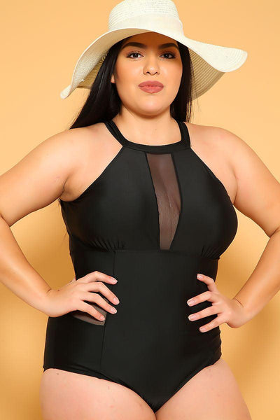 Sexy Black Sheer Padded High Neck Plus Size One Piece Swimsuit - AMIClubwear