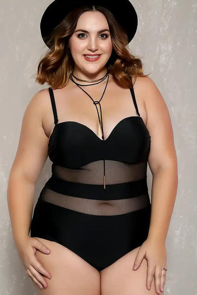 Sexy Black Sheer Paneled One Piece Plus Size Swimsuit - AMIClubwear