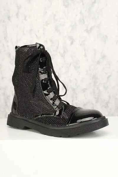 Sexy Black Shimmer Netted Lace Up High Top Combat Boots Patent - AMIClubwear
