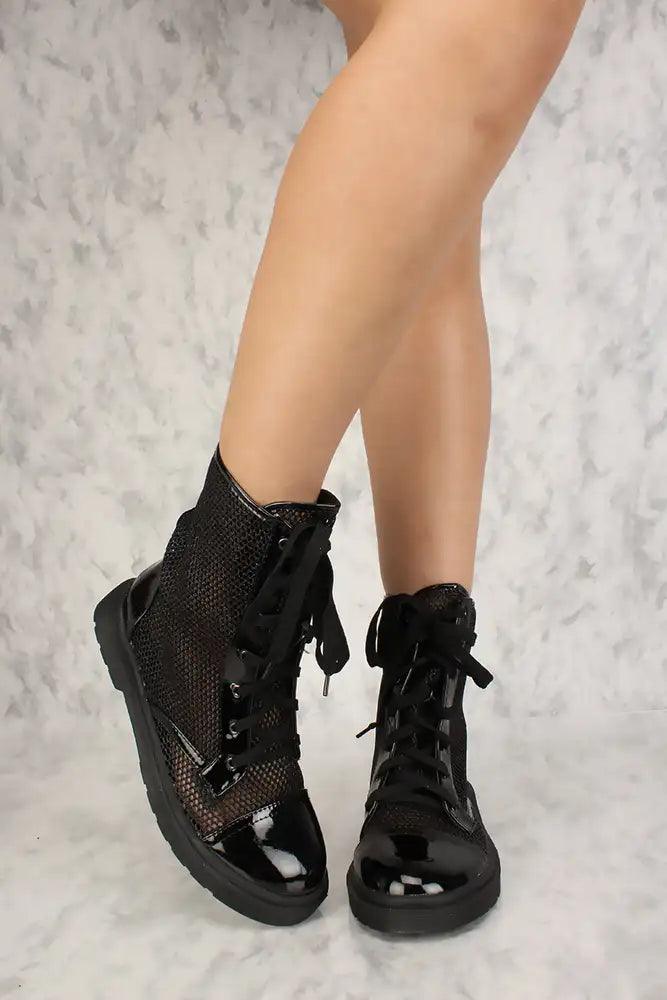 Sexy Black Shimmer Netted Lace Up High Top Combat Boots Patent - AMIClubwear