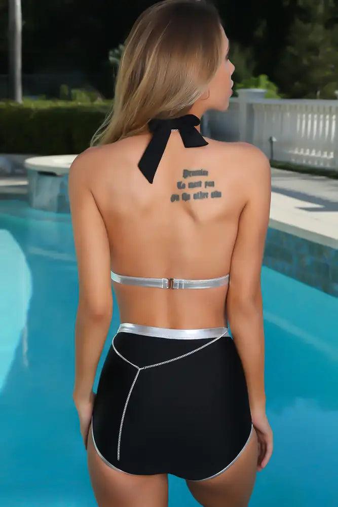 Sexy Black Silver Halter High Waist Three Piece Swimsuit - AMIClubwear