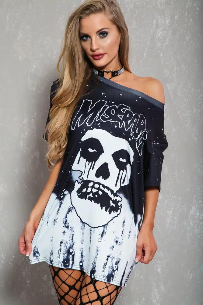 Sexy Black Skull Print Mid Sleeves Casual Dress - AMIClubwear
