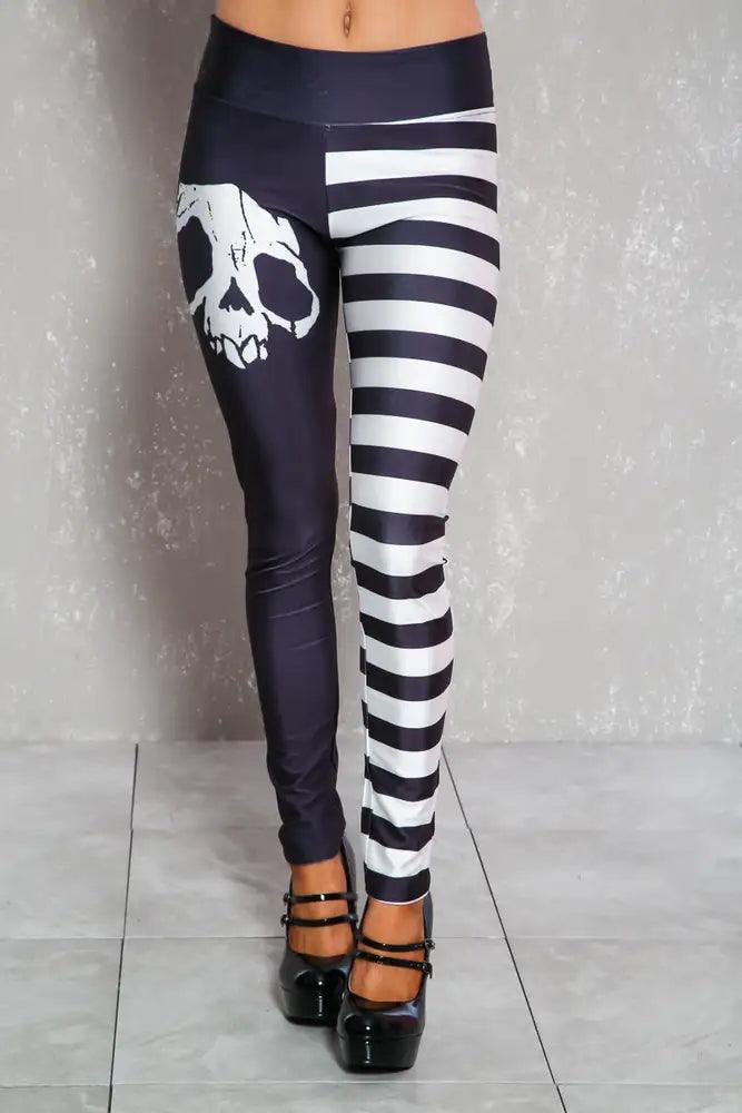 Sexy Black Skull Striped High Waist Halloween Leggings - AMIClubwear