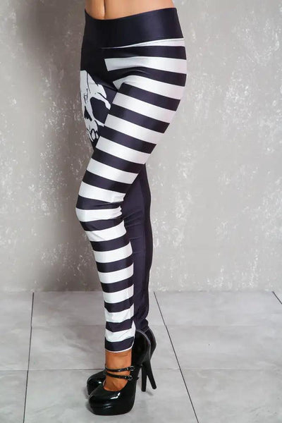 Sexy Black Skull Striped High Waist Halloween Leggings - AMIClubwear