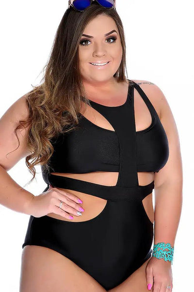 Sexy Black Sleeveless Front Cut Out One Piece Plus Size Swimsuit - AMIClubwear