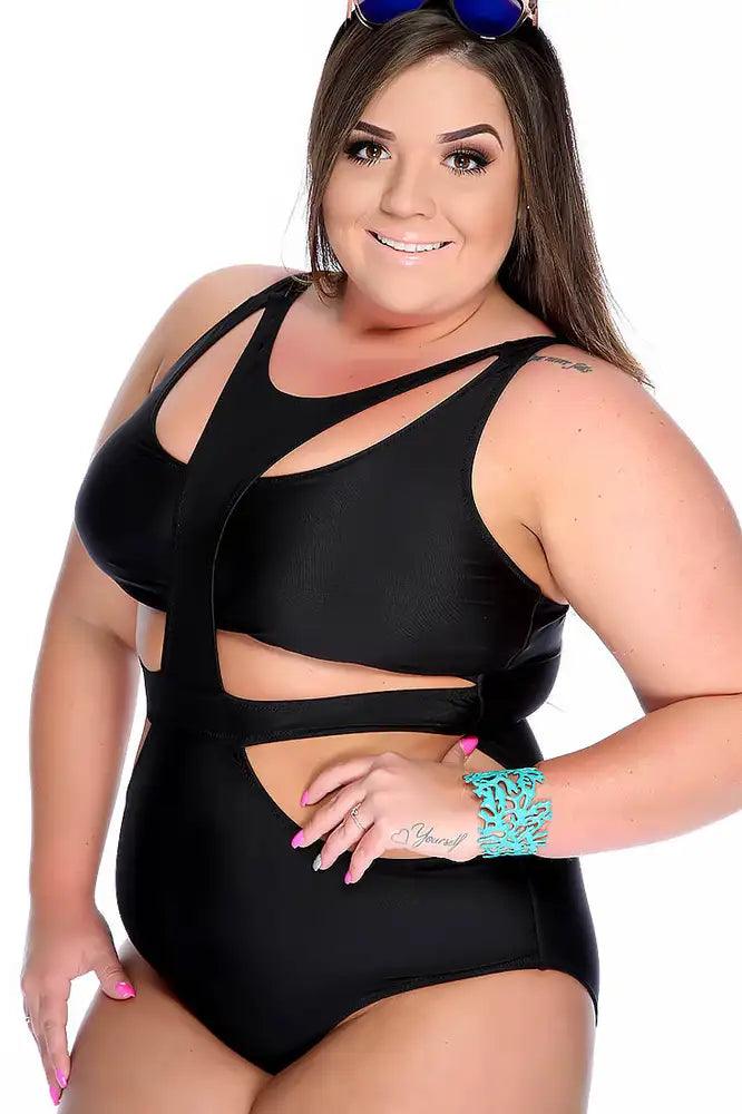 Sexy Black Sleeveless Front Cut Out One Piece Plus Size Swimsuit - AMIClubwear