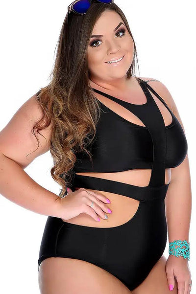 Sexy Black Sleeveless Front Cut Out One Piece Plus Size Swimsuit - AMIClubwear