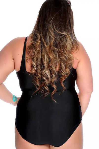 Sexy Black Sleeveless Front Cut Out One Piece Plus Size Swimsuit - AMIClubwear