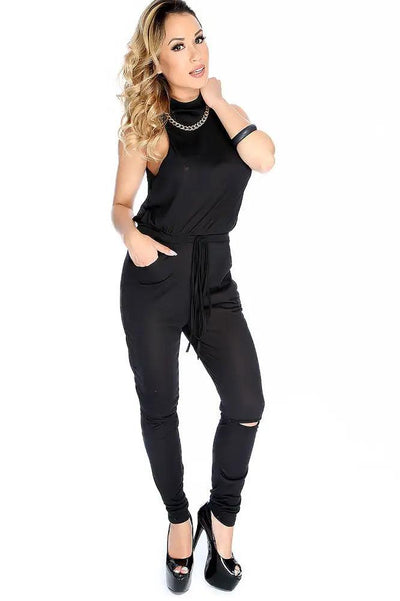 Sexy Black Sleeveless Knee Cutout Jumpsuit - AMIClubwear