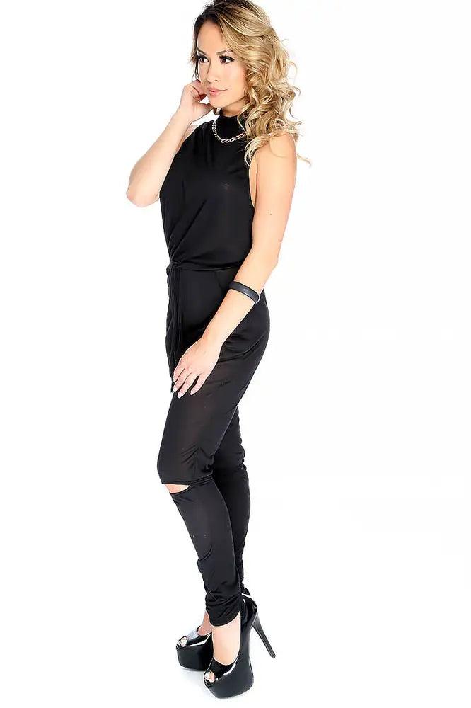 Sexy Black Sleeveless Knee Cutout Jumpsuit - AMIClubwear