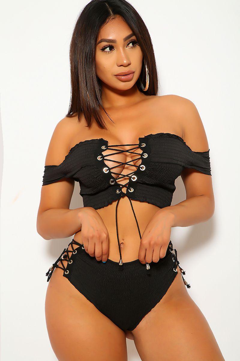 Sexy Black Smocked Off The Shoulders High Waist Two Piece Swimsuit - AMIClubwear