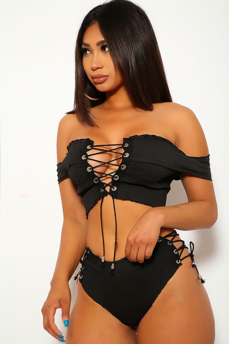 Sexy Black Smocked Off The Shoulders High Waist Two Piece Swimsuit - AMIClubwear
