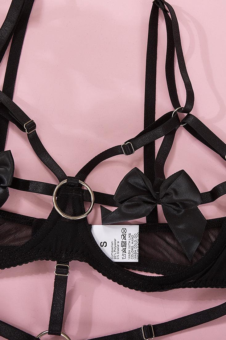 Sexy Black Strap Bow Tie Lingerie Set - AMIClubwear