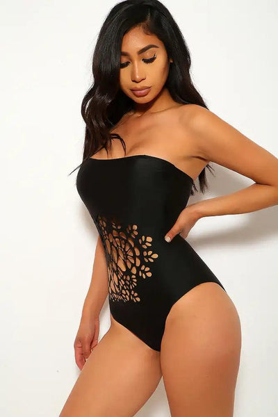 Sexy Black Strapless Perforated One Piece Swimsuit - AMIClubwear