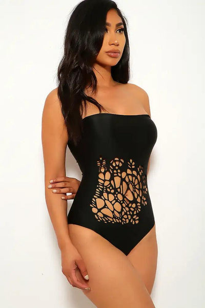 Sexy Black Strapless Perforated One Piece Swimsuit - AMIClubwear
