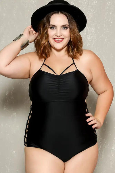 Sexy Black Strappy Caged Bottoms Plus Size One Piece Swimsuit - AMIClubwear