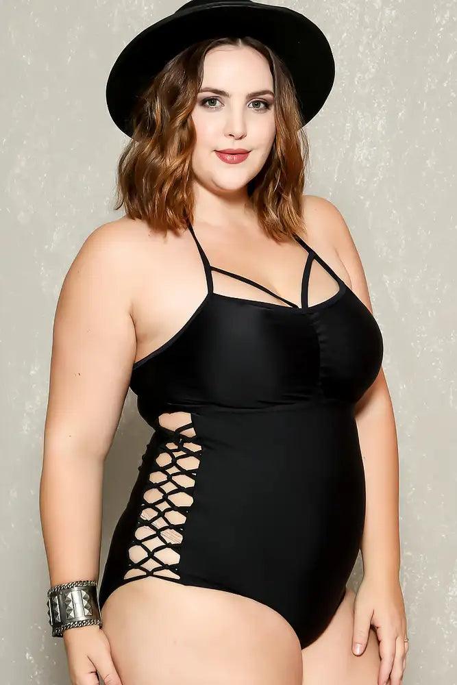 Sexy Black Strappy Caged Bottoms Plus Size One Piece Swimsuit - AMIClubwear