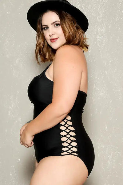 Sexy Black Strappy Caged Bottoms Plus Size One Piece Swimsuit - AMIClubwear