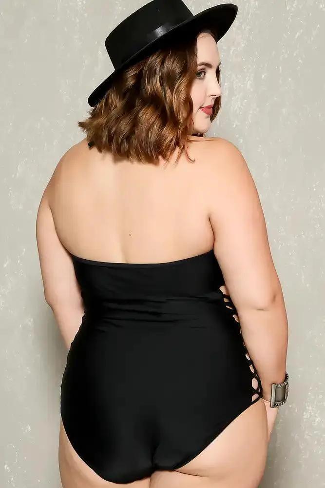 Sexy Black Strappy Caged Bottoms Plus Size One Piece Swimsuit