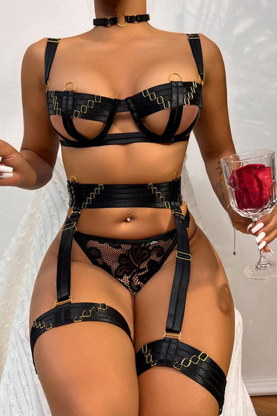 Sexy Black Strappy Cupless O-Ring Detail Lingerie Set - AMIClubwear