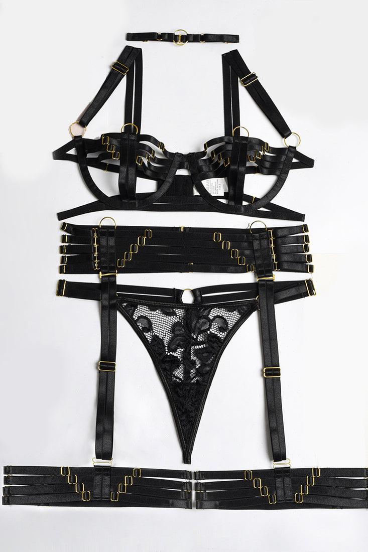 Sexy Black Strappy Cupless O-Ring Detail Lingerie Set