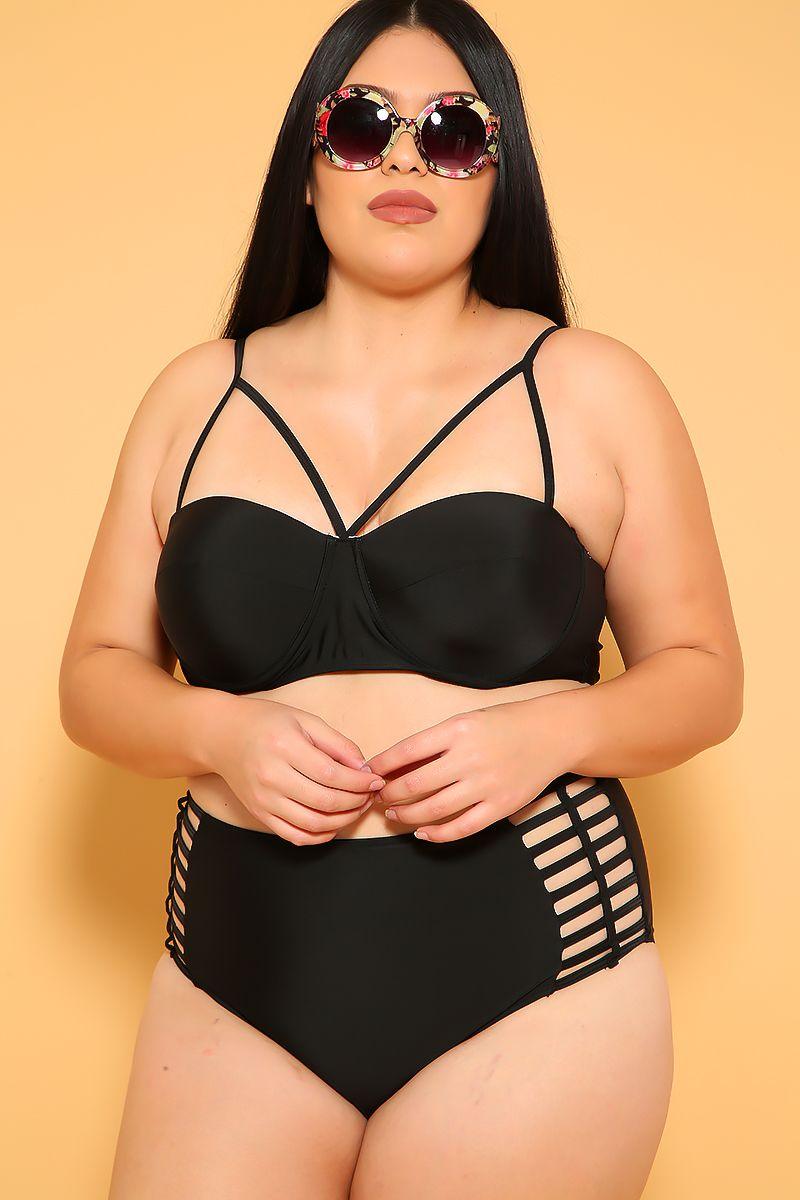 Sexy Black Strappy High Waist Plus Size Two Piece Swimsuit - AMIClubwear