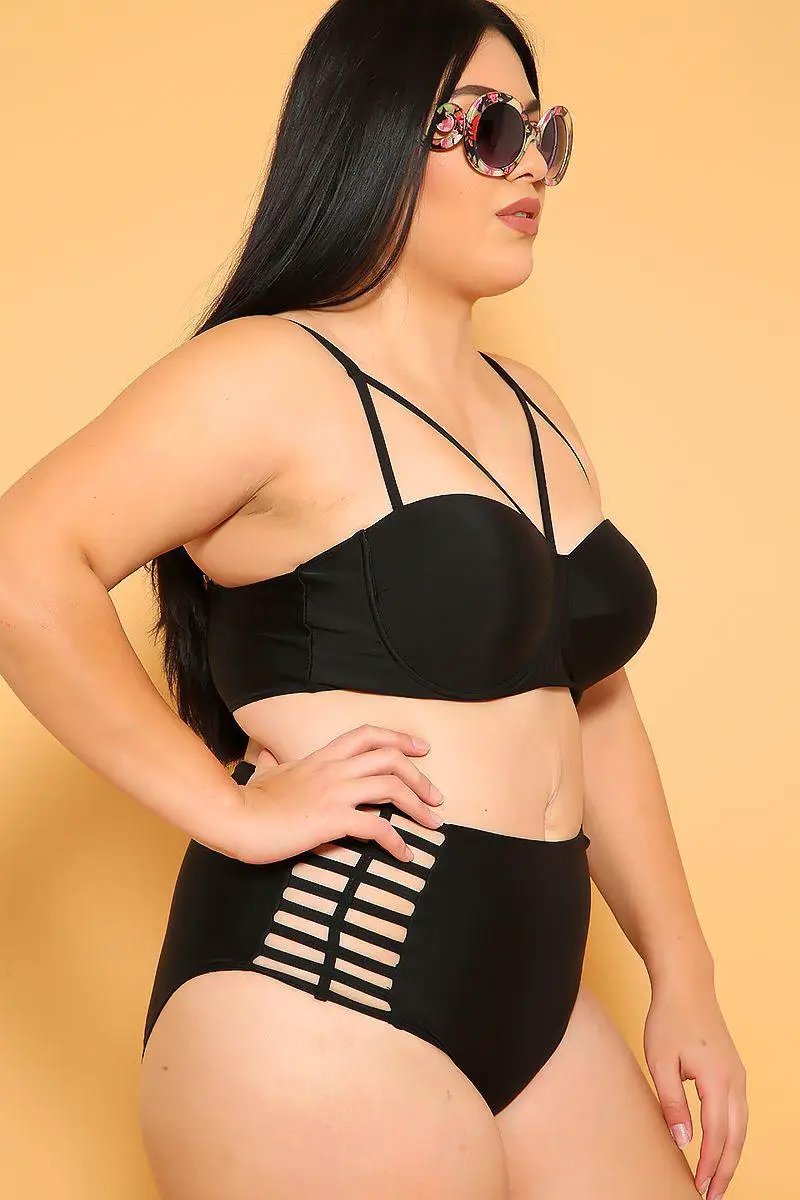 Sexy Black Strappy High Waist Plus Size Two Piece Swimsuit