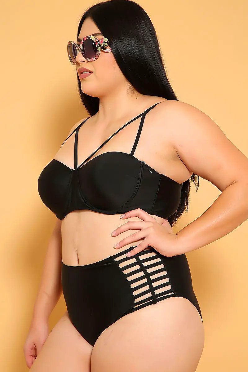 Sexy Black Strappy High Waist Plus Size Two Piece Swimsuit