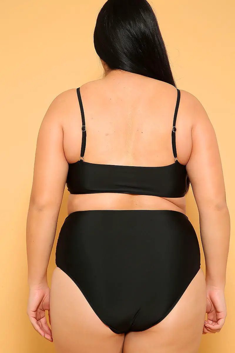 Sexy Black Strappy High Waist Plus Size Two Piece Swimsuit