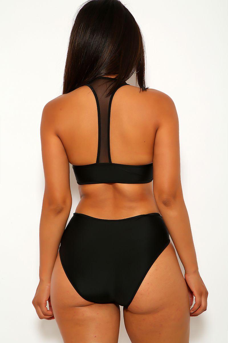 Sexy Black Strappy Mesh High Waist Two Piece Swimsuit - AMIClubwear