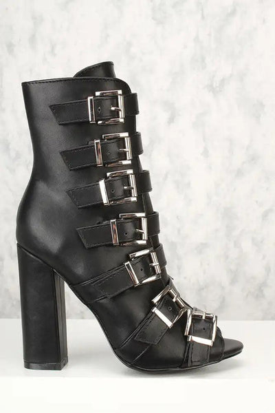 Sexy Black Strappy Open Toe Chunky Heels Mid Calf Booties - AMIClubwear
