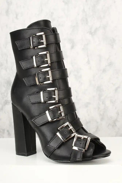 Sexy Black Strappy Open Toe Chunky Heels Mid Calf Booties - AMIClubwear