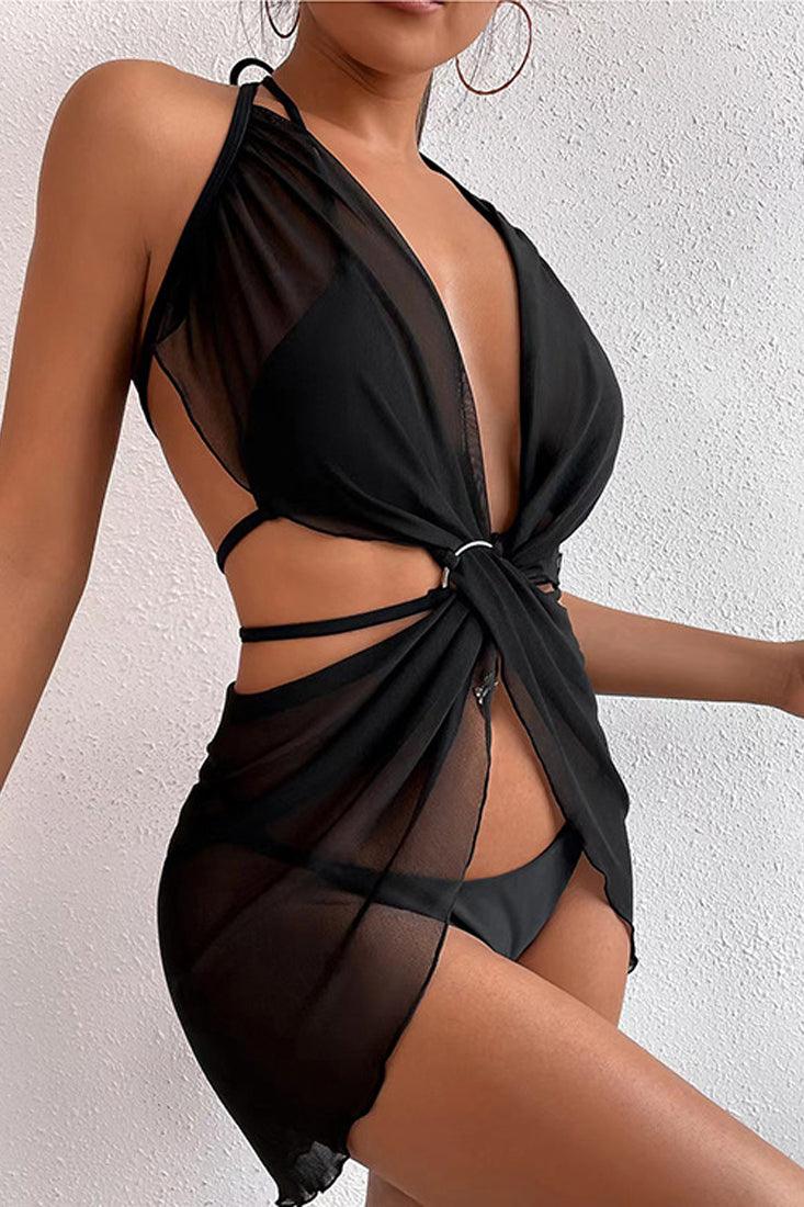 Sexy Black Strappy Ring Linked Halter 3 Pc Mesh Cover Up - AMIClubwear