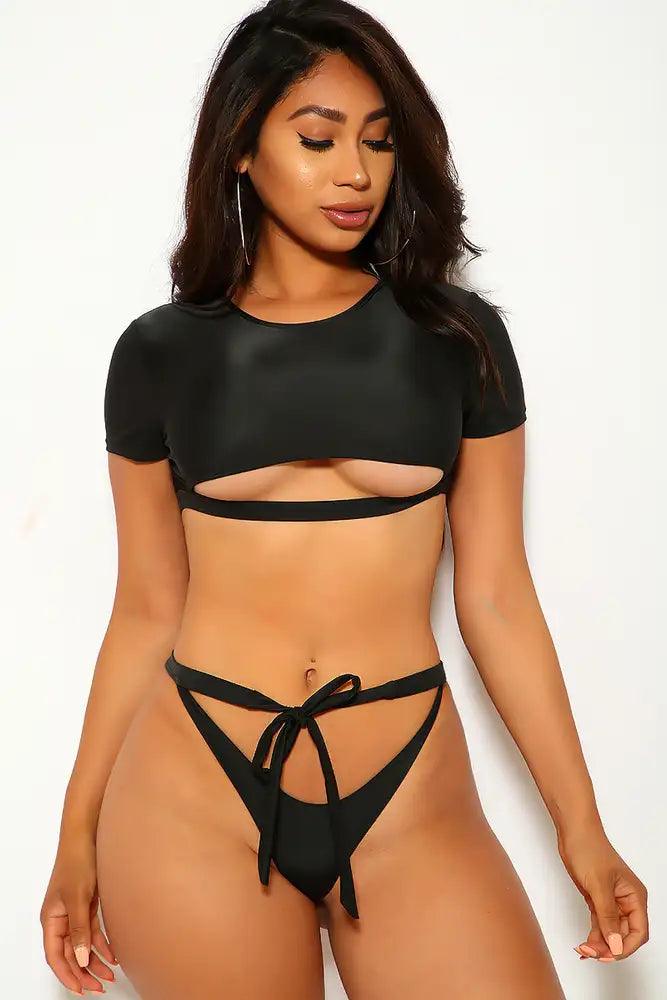 Sexy Black Strappy Short Sleeves Crop Top Two Piece Swimsuit - AMIClubwear