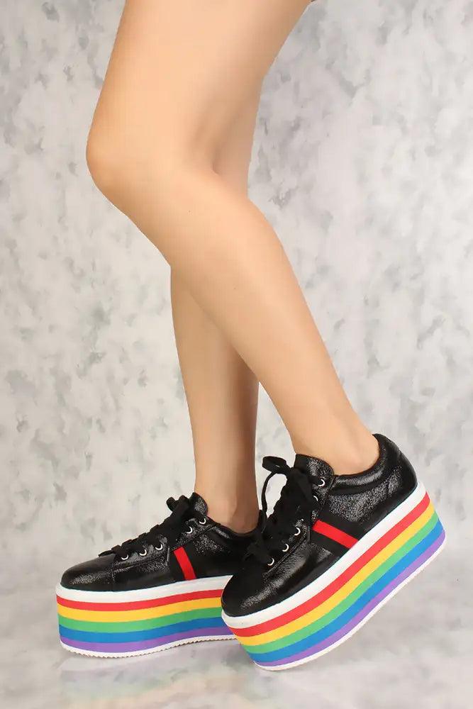 Sexy Black Stripe Lace Up Platform Sneakers - AMIClubwear