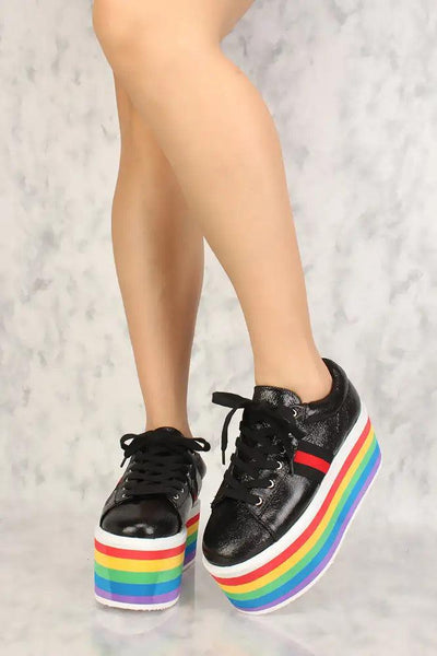 Sexy Black Stripe Lace Up Platform Sneakers - AMIClubwear