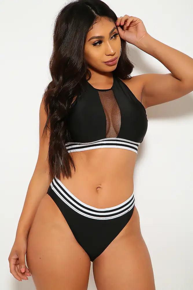 Sexy Black Stripe Mesh Detail Two Piece Swimsuit - AMIClubwear