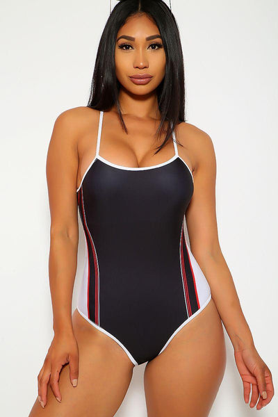 Sexy Black Striped Detail One Piece SwimSuit - AMIClubwear