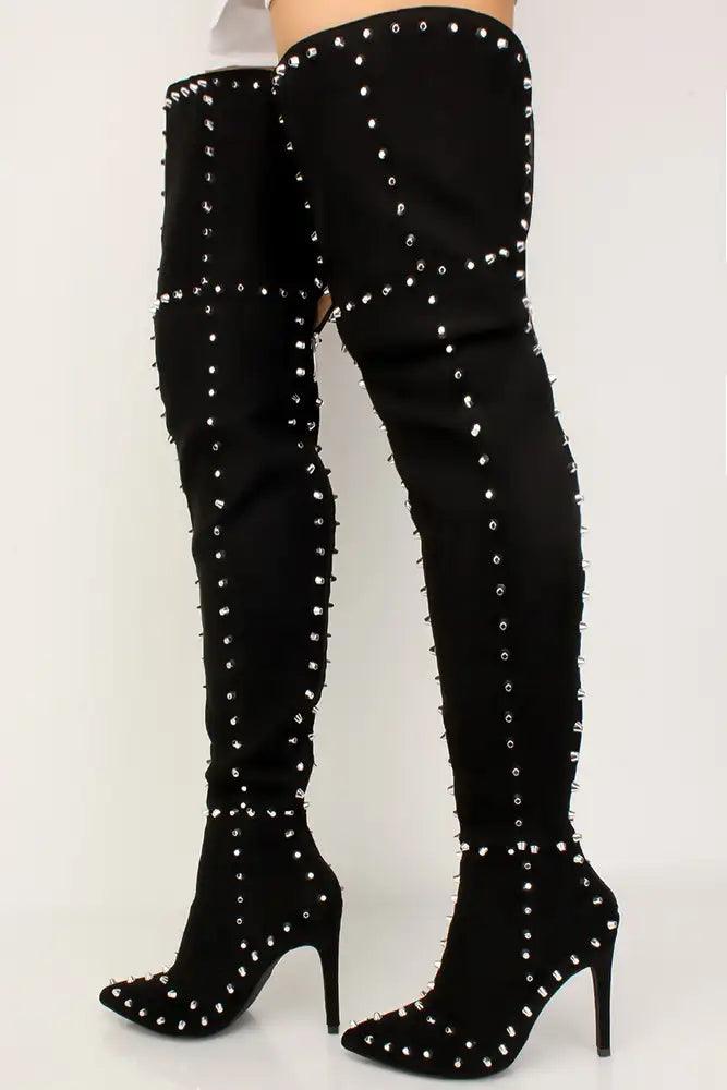 Sexy Black Studded Flared Pointy Toe Thigh High Heel Boots - AMIClubwear