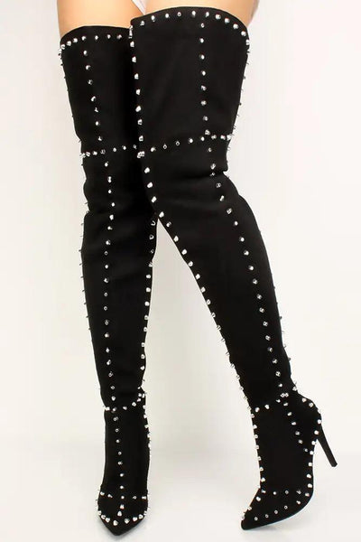 Sexy Black Studded Flared Pointy Toe Thigh High Heel Boots - AMIClubwear