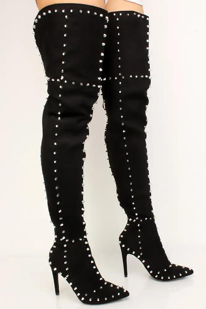 Sexy Black Studded Flared Pointy Toe Thigh High Heel Boots - AMIClubwear