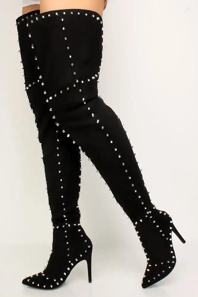 Sexy Black Studded Flared Pointy Toe Thigh High Heel Boots - AMIClubwear