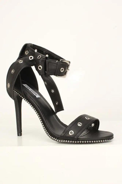 Sexy Black Studded Open Toe Single Sole High Heels Faux Leather - AMIClubwear